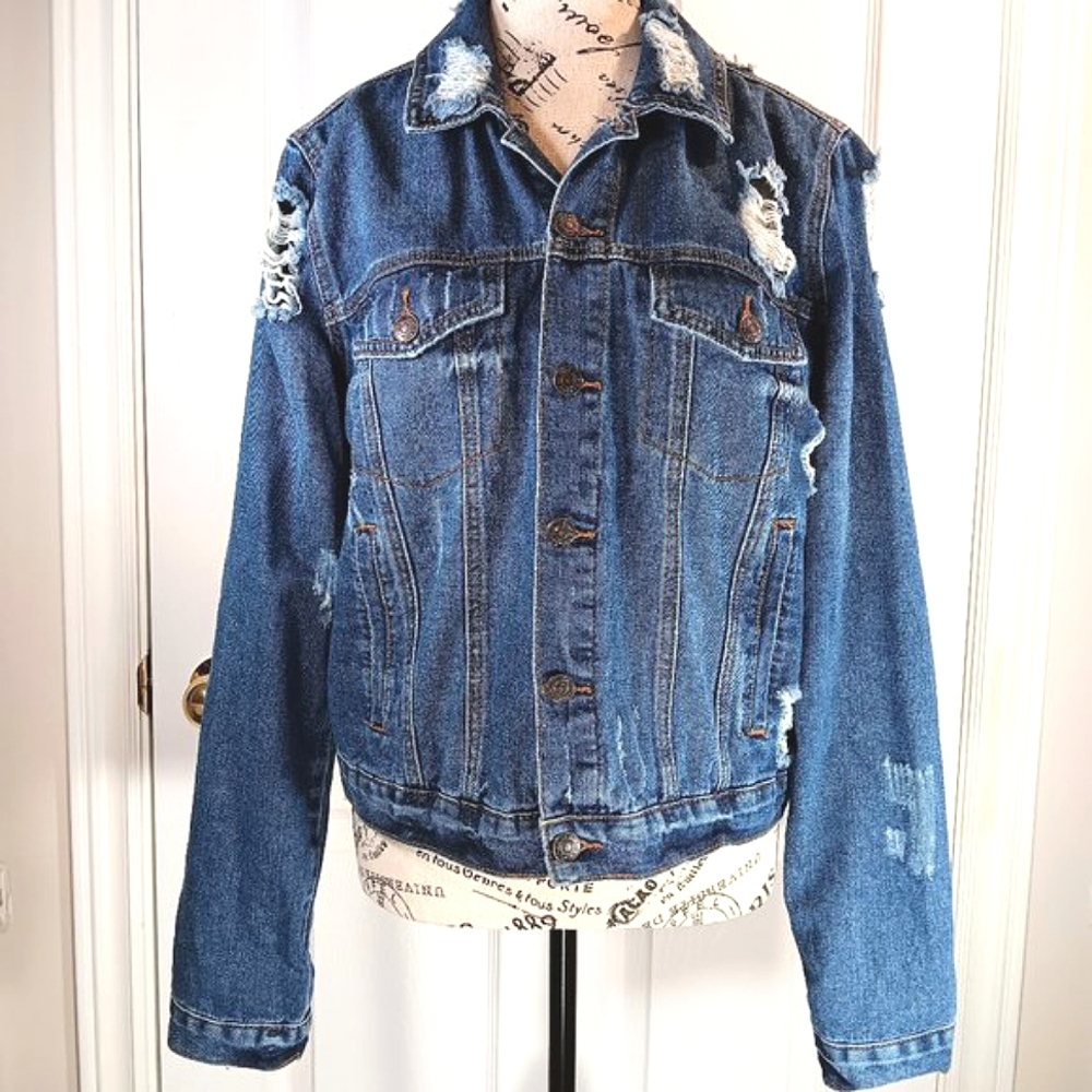 Almost Famous Women's Denim Jacket Distressed Size L Blue Classic Jean Jacket